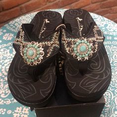 Brand New In Box Turquoise And Black Absolutely Stunning Wedge Heel We Are A Licensed Retailer Montana West Turquoise Wedge Heel Sandals For Beach, Turquoise Sandals, Bling Flip Flops, Beaded Flip Flops, Leather Jewels, Turquoise Western, Brown Wedge Sandals, Turquoise And Black, Hair Therapy