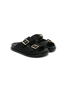 black calf-length satin finish gold-tone hardware logo detail at the buckles cut-out detailing slip-on style open toe two buckle-strap fastenings branded moulded footbed flat rubber sole Designer Black Slides With Buckle Closure, Luxury Black Slides With Buckle Closure, Luxury Flat Slides With Buckle Closure, Black Open Toe Sandals With Gold Buckle, Designer Flat Slides With Buckle Closure, Hardware Logo, Dress With Jean Jacket, Baby Boy Accessories, Gucci Kids