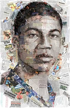 a man's face is made up of newspaper clippings and photoshopped