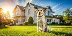 a dog is sitting in the grass near a large white house with sun shining on it