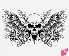 a skull with wings and roses on it