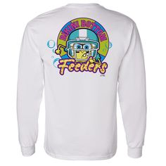 Cheer on the Bikini Bottom Feeders in style by adding this SpongeBob Bikini Bottom Feeders Long Sleeve T-Shirt to your game day attire. With SpongeBob and Patrick donning their football uniforms on the upper left chest and the Bottom Feeders logo on the back, this tee will fill you with team spirit! You can't go wrong with a classic! This 100% cotton long sleeve tee will soon become your new favorite shirt to wear anywhere you go. Made of: 100% Pre-Shrunk Cotton Care: Machine wash cold inside ou White Cartoon Print Sports Top, White Cartoon Print Tops For Sports, Fun White Tops For Game Day, Spongebob And Patrick, Sandy Cheeks, Football Uniforms, White Charcoal, Spongebob Squarepants, Favorite Shirts