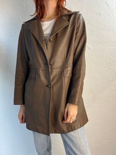 "- Vintage Marquis brown leather half trench jacket - Satin lining - Made in Canada - A few scuffs on the leather shell - No size tags  Chest: 20\" Waist: 18\" Length: 30\"" Womens Jackets, Trench Jacket, Brown Leather, Jackets & Coats, Im Not Perfect, Jackets For Women, Lost, Clothes For Women, Leather