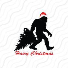 a silhouette of a man carrying a christmas tree with the words merry christmas on it