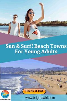 the beach towns for young adults with text overlaying sun and surf beach towns for young adults