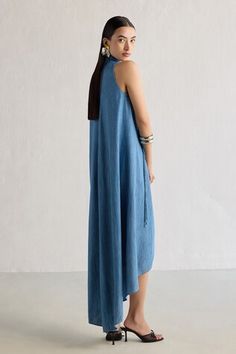 Blue asymmetric dress featuring crystal droplets on the collar and tie-up detailing on the shoulder. - Aza Fashions Detailed Dress, Asymmetric Dress, Asymmetrical Dress, Collar Dress, Women Dresses, Aza Fashion, Dress Details, Dresses Midi, Womens Dresses