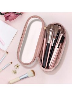 Pink  Collar  Pu   Embellished   Beauty Tools Travel Makeup Brush Holder, Travel Makeup Brushes, Brush Storage, Makeup Brush Storage, Makeup Brush Holder, Cosmetic Brush, Makeup Brush Holders, Kitchen Jewelry, Waterproof Makeup