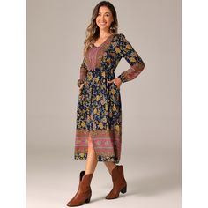 Suitable for summer gatherings, outdoor events, or casual outings, this floral midi dress is a must-have for those seeking a stylish and effortless outfit option. The puff long sleeves add a romantic style, while the V-neckline offers a flattering neckline. The elastic waist ensures a comfortable fit and defines your silhouette. The split A-line design adds movement and flow to the dress. Made from 100% rayon, it is soft and comfortable to wear. The floral print pattern enhances its aesthetic ap Printed Floral Dress For Fall Vacation, Casual Maxi Dress With Boho Print, Casual Midi Maxi Dress With Boho Print, Knee-length Boho Print Midi Dress For Vacation, Casual Blue Midi Dress With Boho Print, Casual Boho Print Midi Dress For Day Out, Casual Ditsy Floral Print Maxi Dress For Fall, Spring Boho Print Midi Dress, Casual Fall Maxi Dress With Ditsy Floral Print