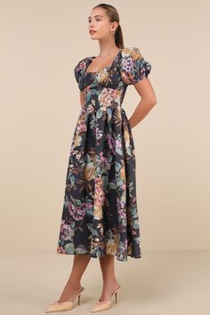 Prepare for the day looking sweet as can be in the Lulus Adorable Tendencies Dark Grey Floral Puff Sleeve Midi Dress! A large-scale floral print sweeps across lightweight woven fabric as it shapes a subtle sweetheart neckline and a gathered bodice, all framed by short puff sleeves with elastic gathering at the shoulders and cuffs. Set-in waist creates an empire-style silhouette as it tops an A-line skirt with a chic midi hem. Hidden side zipper and smocked panel at the back for fit. Fit: This ga Midi Dress Floral, Gathered Bodice, Puff Sleeve Midi Dress, Dress With Puff Sleeves, Large Scale Floral, Empire Style, Sleeve Midi Dress, Grey Floral, Floral Midi Dress