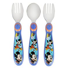 three mickey mouse forks and spoons with cartoon characters on the handles, all in blue