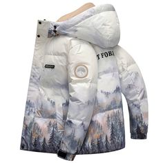 Forest Print Down Jacket Couple Short Down Jacket Winter New Hooded Casual Fashion Warm Jacket Winter Puffer Jacket With Adjustable Hood For Outdoor, Winter Outdoor Puffer Jacket With Adjustable Hood, Hooded Puffer Jacket For Winter Outdoor, Hooded Winter Puffer Jacket For Outdoor, Hooded Winter Parka For Winter Sports, Long Sleeve Parka For Winter Sports, Hooded Winter Outerwear For Snow, Spring Outdoor Hooded Jacket With Fleece Lining, Casual Winter Parka For Winter Sports