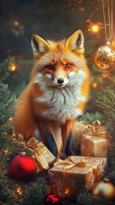 a red fox sitting on top of a pile of presents