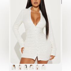 This Knee-Length Dress In White Features Long Cuffed Sleeves And A Notched Collar, Perfect For Casual Or Work Occasions. The Dress Is Versatile And Can Be Easily Dressed Up Or Down For Various Events. White Long Sleeve Mini Dress For Night Out, White Long-sleeve Mini Dress For Night Out, Fitted V-neck Shirt Dress For Party, White Fitted Shirt Dress For Night Out, White Fitted Button-up Dress, White Mini Shirt Dress For Date Night, White V-neck Shirt Dress For Parties, White Long Sleeve Mini Dress For Casual Wear, White Long Sleeve Party Shirt Dress