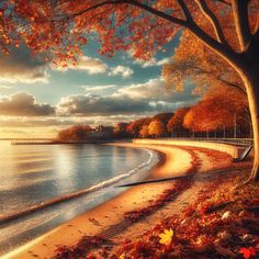 an autumn scene with trees on the shore and water in the foreground as the sun sets