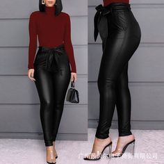 WEPBEL Women's Solid Color Leather Trousers High Waist Pu Pencil Pants Solid Color Skinny Full Length Lace Up PU Sexy Pants Leather Pants Black, Casual Pants Style, Business Casual Outfits For Women, Leather Pants Women, Elegante Casual, Womens Business Casual, Rock Chic, Spring Women, Faux Leather Pants