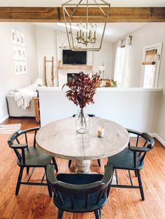 a dining room table with chairs around it