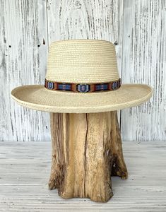 Reata style with adjustable southwest pattern hatband. 3 1/2" brim - pick your size and band style. Spring Adjustable Top Hat With Flat Crown, Spring Adjustable Flat Crown Top Hat, Country Style Hat With Flat Crown For Outdoor, Country Style Flat Crown Hat For Outdoor, Handwoven Natural Hat Band With Flat Brim, Country Style Short Brim Top Hat For Summer, Casual Fedora With Flat Crown For Country Events, Country Style Summer Top Hat With Short Brim, Bohemian Fitted Hat Bands For Vacation