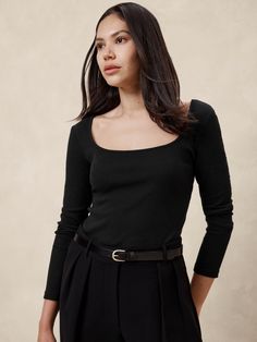 Ribbed Square-Neck Top | Banana Republic Factory Square Neck Tops For Workwear In Fall, Fall Workwear Tops With Square Neck, Fall Square Neck Fitted Top, Fall Square Neck Solid Color Top, Elegant Solid Tops With Square Neck, Elegant Solid Color Tops With Square Neck, Elegant Square Neck Solid Top, Stretch Square Neck Top For Workwear, Corporate Chic