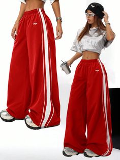 Women's Fall/Winter Casual Sport Hip Hop Banded Texture Decoration Sweatpants,Back To School,Rave Festival Outfits Red Casual   Woven Fabric Colorblock,Letter,Striped Wide Leg Non-Stretch  Women Clothing, size features are:Bust: ,Length: ,Sleeve Length: Old School Hip Hop Outfits Women, Hawks Casual Clothes, Sweatpants Dance Outfit, Red Parachute Pants Outfit, 90s Style Outfits Hip Hop, Red Outfits For School, Red And White Outfit Casual, Dance Style Outfits Hip Hop, Red Track Pants Outfit