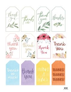 six thank tags with flowers and leaves on them, all in pastel colors that say thank