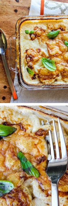 two pictures of some food on top of a table with utensils and silverware