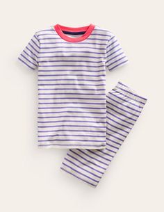 Striped Short John Pajamas - Wisteria Blue/Ivory | Boden US Wisteria Blue, Gowns Short, Girls Nightwear, Kids Pjs, Pyjama Sets, Dressing Gowns, Long Johns, Boden Uk, Types Of Girls