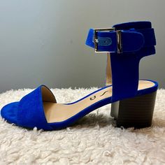 Beautiful Royal Blue Leather Sandal With Buckle Ankle Strap And 2 1/4” Block Heel. Blue Sandals With Buckle Closure, Blue Low Heel Heels With Buckle Closure, Blue Sandals With Low Stacked Heel, Blue Adjustable High Heel Sandals, Adjustable Blue High Heel Sandals, Blue Sandals With Buckle Closure And Round Toe, Blue Round Toe Sandals With Buckle Closure, Casual Blue Sandals With Low Heel, Casual Blue Low Heel Sandals