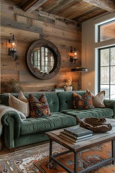 a living room filled with furniture and a large window covered in wooden planks on the wall