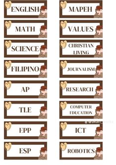 four different types of labels with hearts and words on them, one for each subject