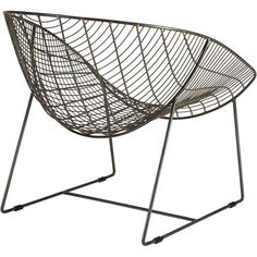 a metal wire chair with a gray seat and black fabric on the back, sitting in front of a white background