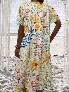 Lasaky - Exquisite Plus Size Retro Dress: Womens Plus Floral Print Short Sleeve Round Neck Dress, featuring Convenient Pockets Printed Shift Midi Dress For The Beach, Printed Shift Dresses For Vacation, Yellow Shift Dress For Vacation, Yellow Floral Print Midi Dress For Beach Season, Yellow Floral Midi Dress For Beach Season, Beach Shift Dress With Print, Multicolor Short Sleeve Midi Dress For Beach Season, Beach Shift Midi Dress With Floral Print, Plus Size Retro Dresses