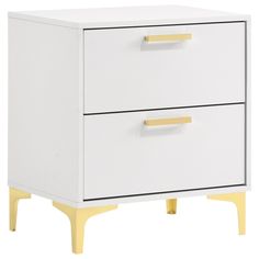 a white and yellow nightstand with two drawers on each side, against a white background