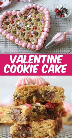 valentine cookie cake with pink frosting and sprinkles on top, next to a