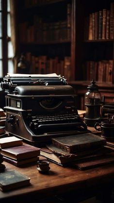 an old fashioned typewriter sitting on top of a wooden table in front of a bookshelf