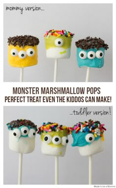 some kind of marshmallow pops with eyes and sprinkles on them