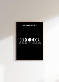 a black and white poster with phases of the moon in it's frame hanging on a wall