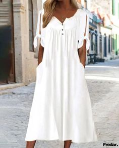 Fredar - Chic and Stylish Split Sleeve Dress with Tied Detail and Ruched Accents Split Sleeve Dress, Midi Dress Elegant, Women's A Line Dresses, Casual White Dress, Plain Dress, Shift Dresses, Cotton Blends Dress, White Short Dress, V Neck Midi Dress