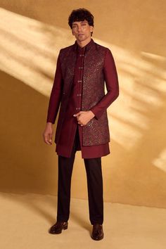 Maroon jacket with sequin embellished geometric patterns. Comes with embellished button sherwani and pant. - Aza Fashions Maroon Sherwani, Maroon Jacket, Sequin Jacket, Geometric Patterns, Mandarin Collar, Aza Fashion, Pure Silk, Types Of Sleeves, Geometric Pattern