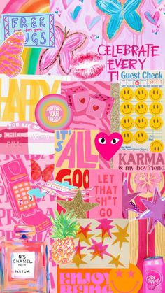 a collage of pink, yellow and blue items with the words celebrate every day