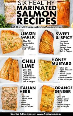 six healthy marinated salmon recipes on a white plate