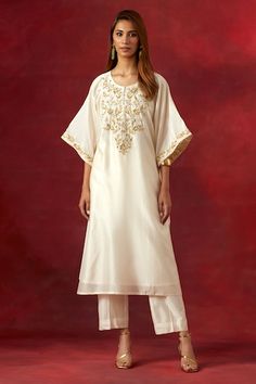 Buy Off White Wool Embroidered Dori Notched Work Kaftan With Inner For Women by Ritu Kumar Online at Aza Fashions. Ritu Kumar, Fashion App, White Silk, Pant Set, Straight Pants, Flared Sleeves, Aza Fashion, Round Beads, Borders