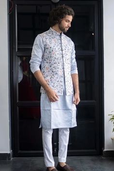 Shop for Hilo Design Blue Dupion Silk Embroidered Bundi And Kurta Set for Men Online at Aza Fashions Sleeveless Kurta, Kurta Set For Men, Wedding Outfit Men, Nehru Jackets, Dupion Silk, Kurta With Pants, Kurta Designs, Kurta Set, Embroidered Silk