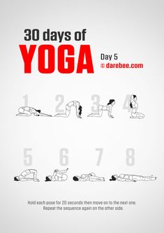 the 30 days of yoga day 5 is shown in red and black, with an image of