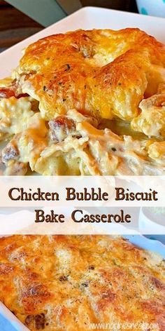 chicken bubble biscuit bake casserole in a blue and white baking dish