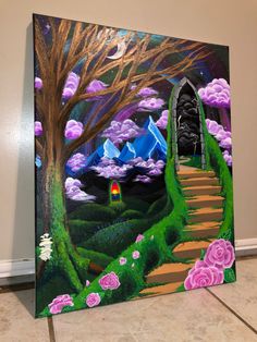 a painting with stairs leading up to a house in the sky and flowers on the ground