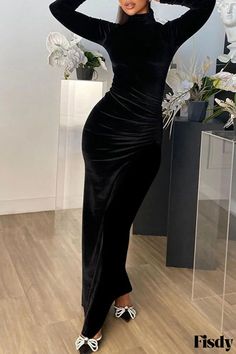 Fisdy - Elegant Black Solid Patchwork Half Turtleneck One-Step Skirt Dresses for a Chic Look Elegant Bodycon Dress, Velvet Maxi Dress, Velvet Maxi, Dress Women Elegant, Ankle Length Dress, Maxi Dress Prom, Bodycon Maxi Dresses, Black Long Sleeve Dress, Turtle Neck Dress