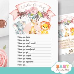 a baby shower game with animals and flowers on the table next to a pink rose