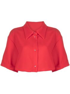 red crepe texture classic collar short sleeves chest patch pocket cropped straight hem