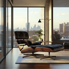 an eames lounge chair and ottoman in front of a large window overlooking the city