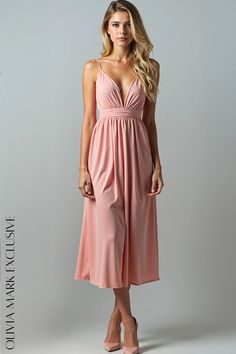 Olivia Mark - Elegant Blush Midi Dress with Wrap Waist and Deep V-Neckline Chic Pink Midi V-neck Dress, Pink V-neck Tie Back Midi Dress, Pink V-neck Viscose Midi Dress, Chic Blush V-neck Maxi Dress, Feminine Blush V-neck Maxi Dress, Blush Midi Dress, Deep V, Plunging Neckline, Elegant Dresses